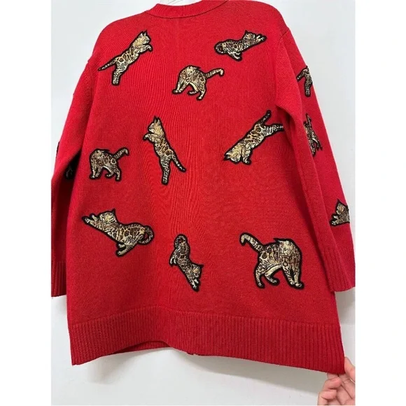 Alice + Olivia Red Bengal Cat Embroidered Grandpa Cardigan – Wool Blend, Size M - Picture 12 of 15
